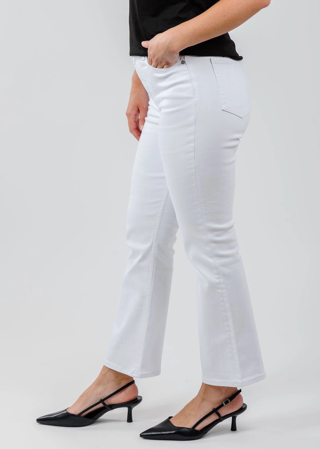 Lennon High Rise Crop Boot Jeans - Vivid White Flat waistband Abrasion Resistant Material