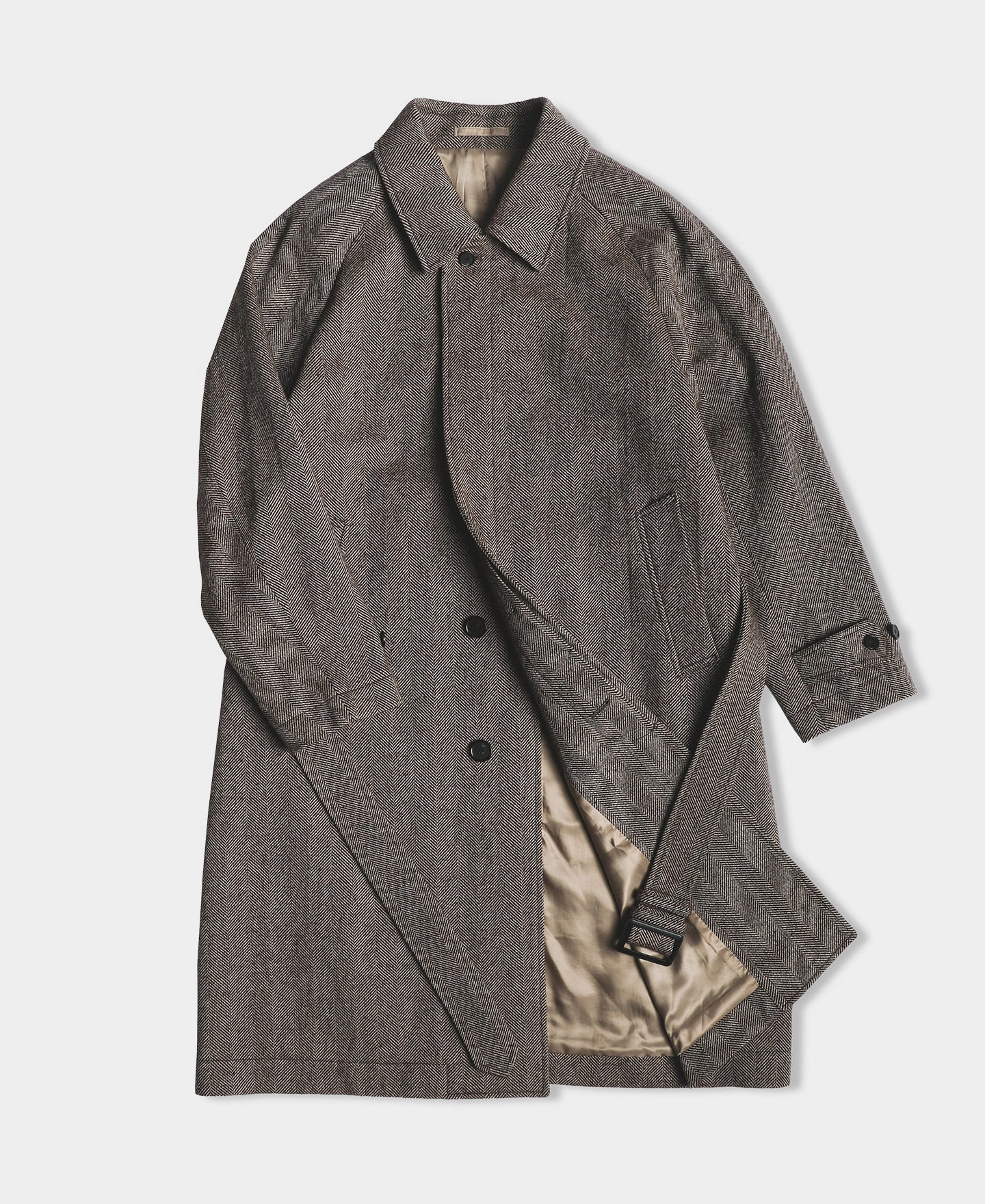 Lot 320 Herringbone Wool Balmacaan Long Coat Unisex Casual Fit Bonded Seam Construction