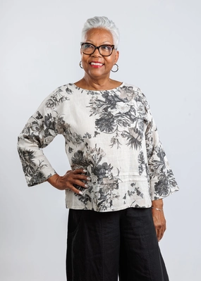 Black Tie Optional Floral Linen 3/4 Sleeve Top - Coconut Blooms