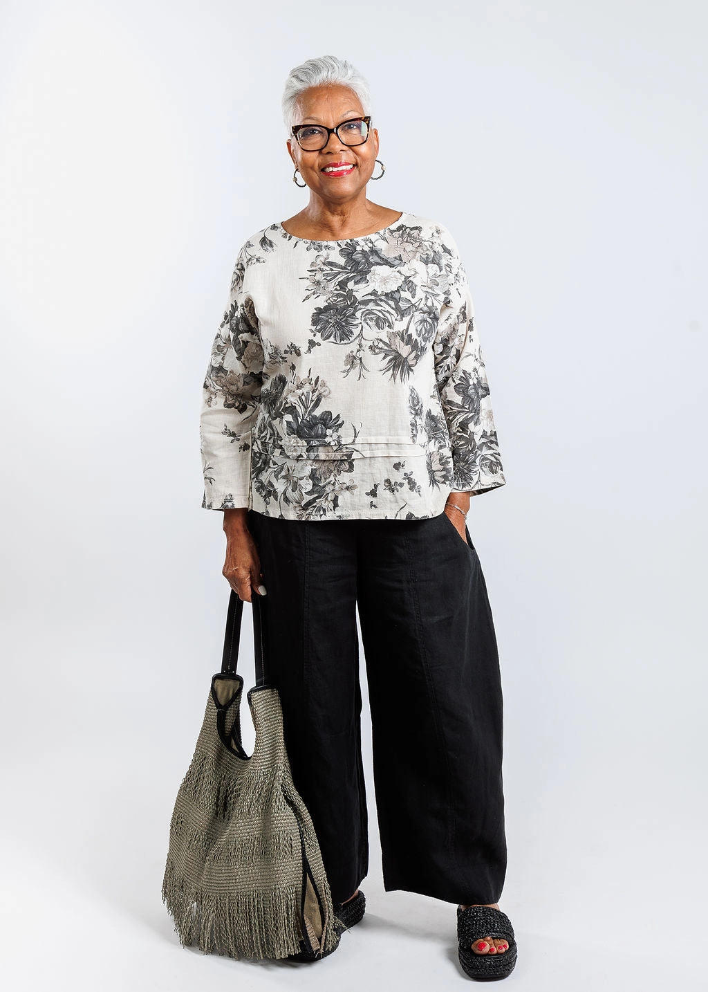 Eco Dye Technique Sustainable Weave Floral Linen 3/4 Sleeve Top - Coconut Blooms