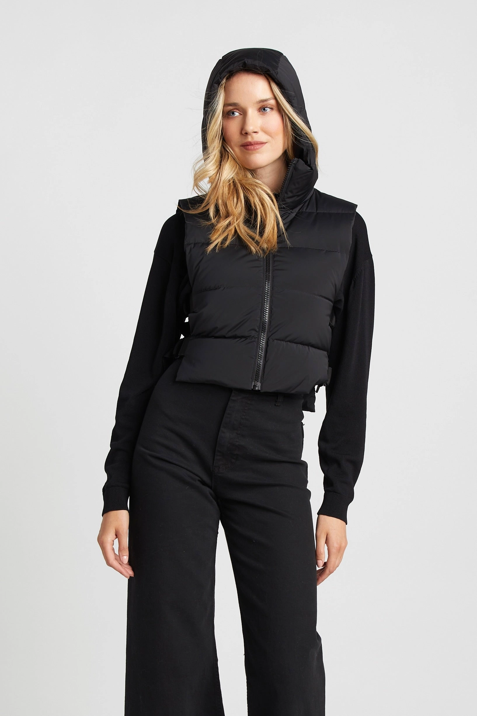 Bonded Fabric Lola Quilted Full Zip Gilet With Adjustable Side Buckles - Black