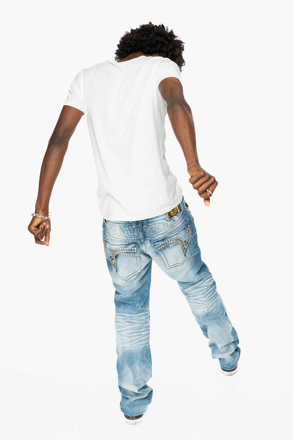 Base Wear Timeless Choice KILLER FLAP MENS STRAIGHT LEG JEAN IN 5D LIGHT BLUE WASH EMBELLISHED WITH CRYSTALS