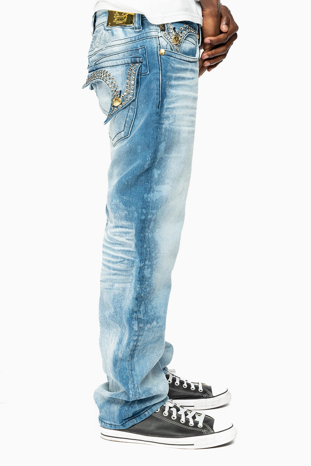 Cool Outfitters Family Style Luxury KILLER FLAP MENS STRAIGHT LEG JEAN IN 5D LIGHT BLUE WASH EMBELLISHED WITH CRYSTALS