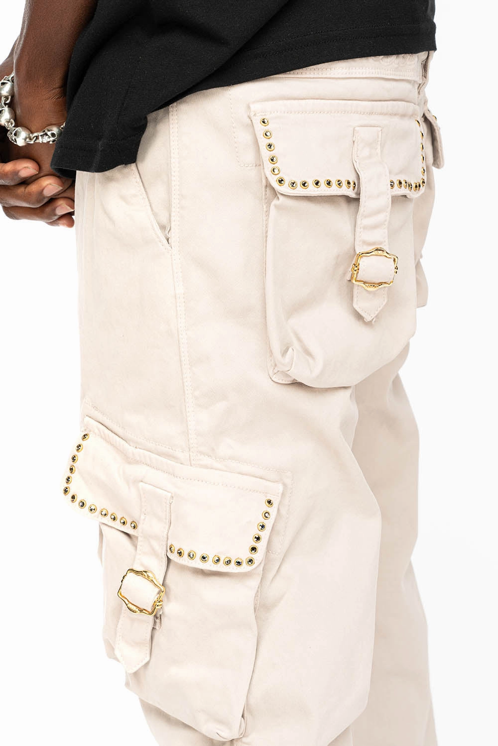 ROBINS NEW MILITARY STYLE CARGO PANTS IN STONE COLOR WASH WITH  BLACK DIAMOND CRYSTALS Classic Wear Street Fashion