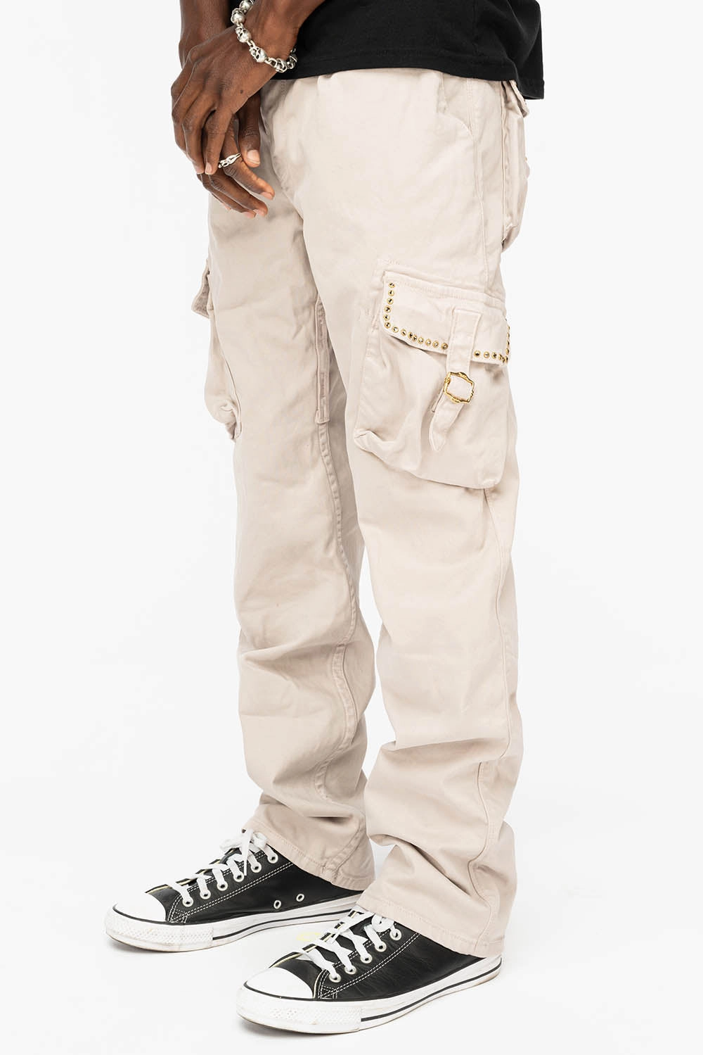 ROBINS NEW MILITARY STYLE CARGO PANTS IN STONE COLOR WASH WITH  BLACK DIAMOND CRYSTALS Clean Lines