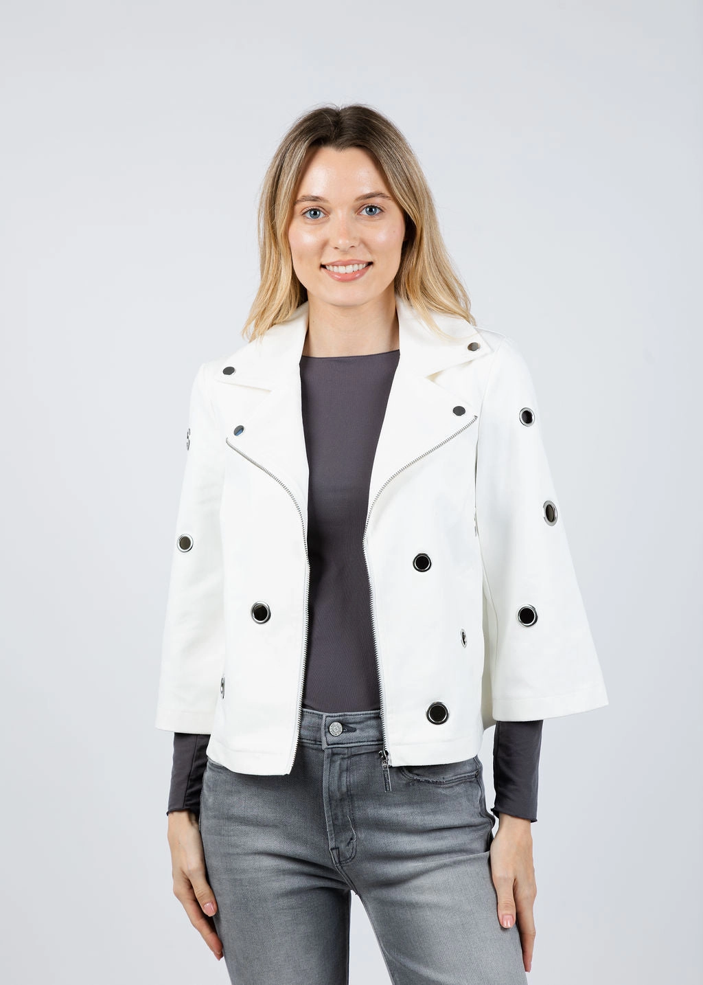 Compression Panels Foiled Faux Suede Swing Jacket With Grommets - Off White