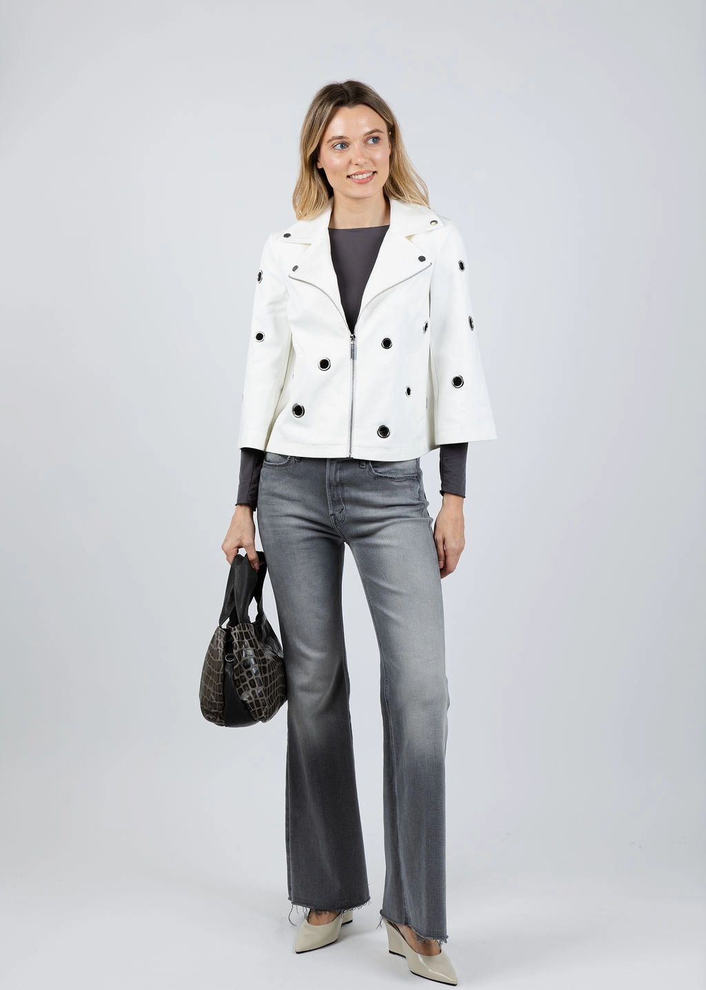 Foiled Faux Suede Swing Jacket With Grommets - Off White Full Length Zipper Shawl Lapel