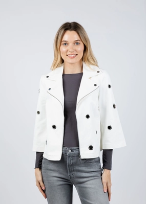 Compression Panels Foiled Faux Suede Swing Jacket With Grommets - Off White