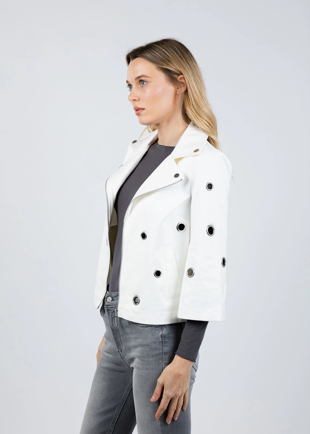 Foiled Faux Suede Swing Jacket With Grommets - Off White Snag Free Surface