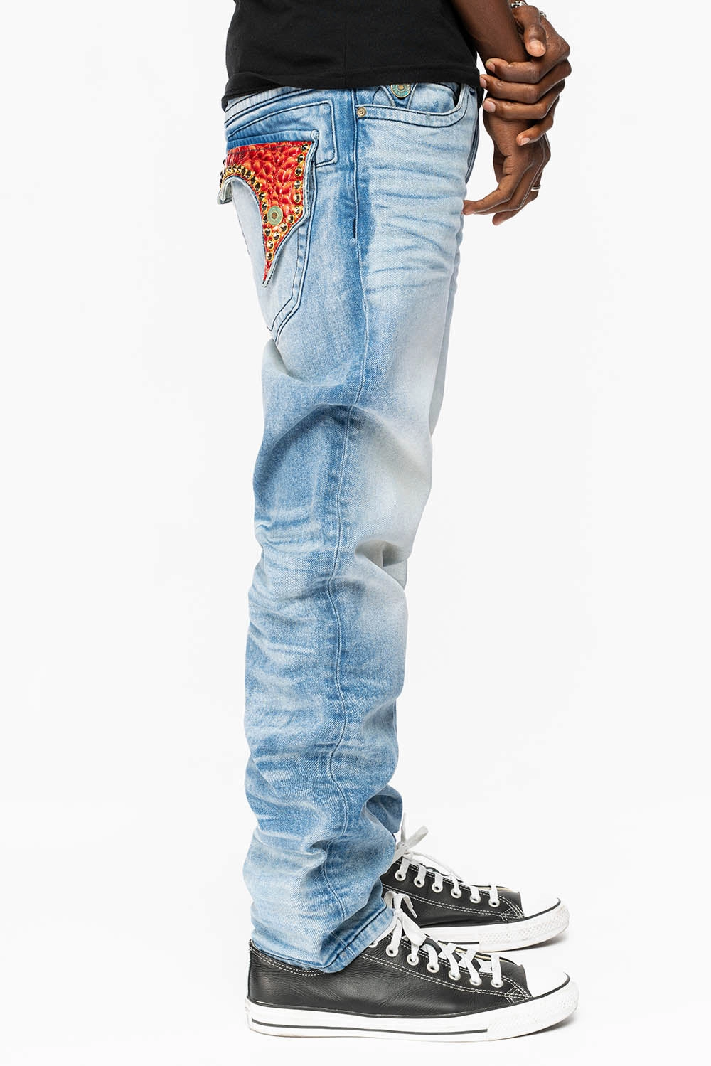 KILLER FLAP STRAIGHT LEG JEAN WITH PATENT LEATHER POCKET AND CRYSTALS IN BLUE 5D-LIGHT WASH Everyday Basic