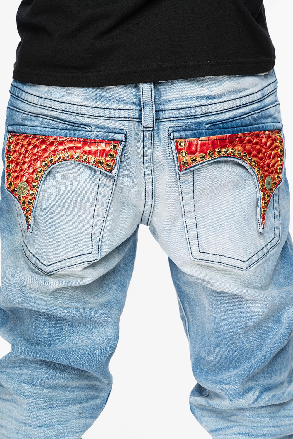 Brunch Outfit Summer Vibes Versatile KILLER FLAP STRAIGHT LEG JEAN WITH PATENT LEATHER POCKET AND CRYSTALS IN BLUE 5D-LIGHT WASH