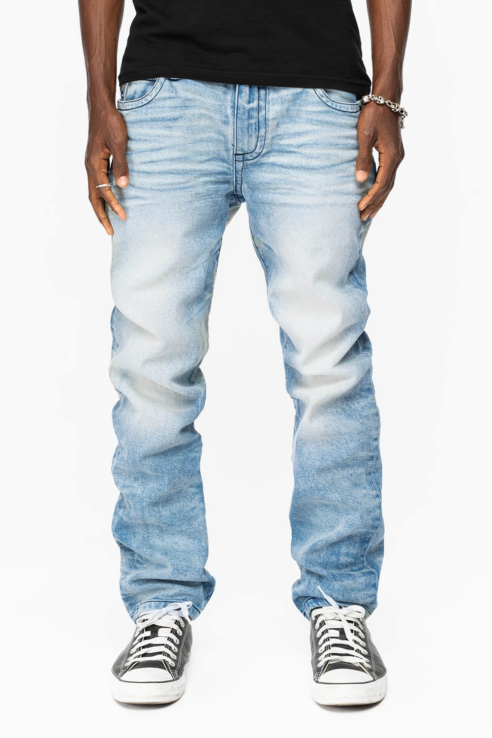 Four Way Stretch Fabric KILLER FLAP STRAIGHT LEG JEAN WITH PATENT LEATHER POCKET AND CRYSTALS IN BLUE 5D-LIGHT WASH