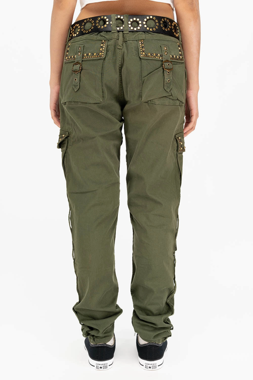 RAPTOR MILITARY STYLE WOMENS CARGO PANTS IN GREEN ARMY WITH STUDS AND CRYSTALS Formal Adult Fashion Utility Look