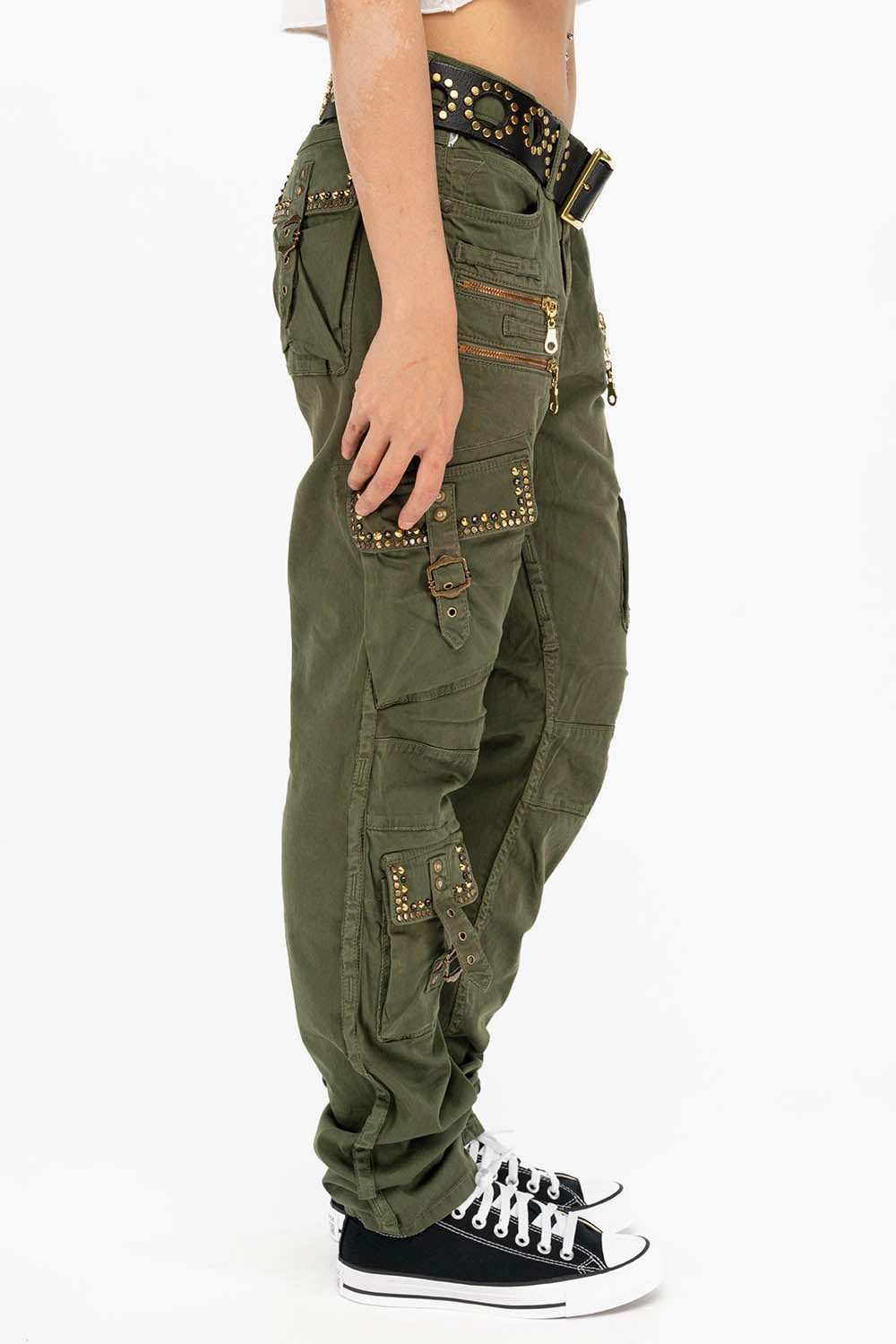 Pre Washed Denim Weekend Warrior Earthy RAPTOR MILITARY STYLE WOMENS CARGO PANTS IN GREEN ARMY WITH STUDS AND CRYSTALS
