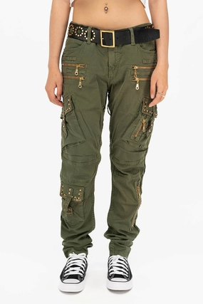RAPTOR MILITARY STYLE WOMENS CARGO PANTS IN GREEN ARMY WITH STUDS AND CRYSTALS Modern Winter Warmth Loose