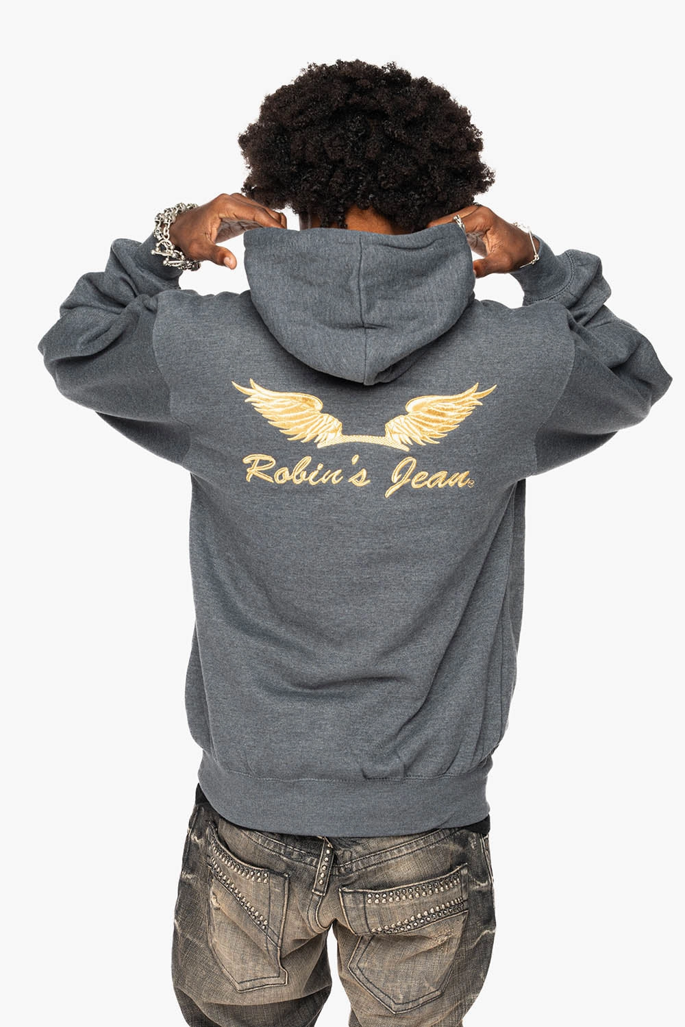 Washable goes with high heels ROBIN??S JEAN PULLOVER HOODIE IN DARK HEATHER WITH GOLD WINGS EMBROIDERY