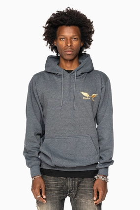 ROBIN??S JEAN PULLOVER HOODIE IN DARK HEATHER WITH GOLD WINGS EMBROIDERY product birthday joy