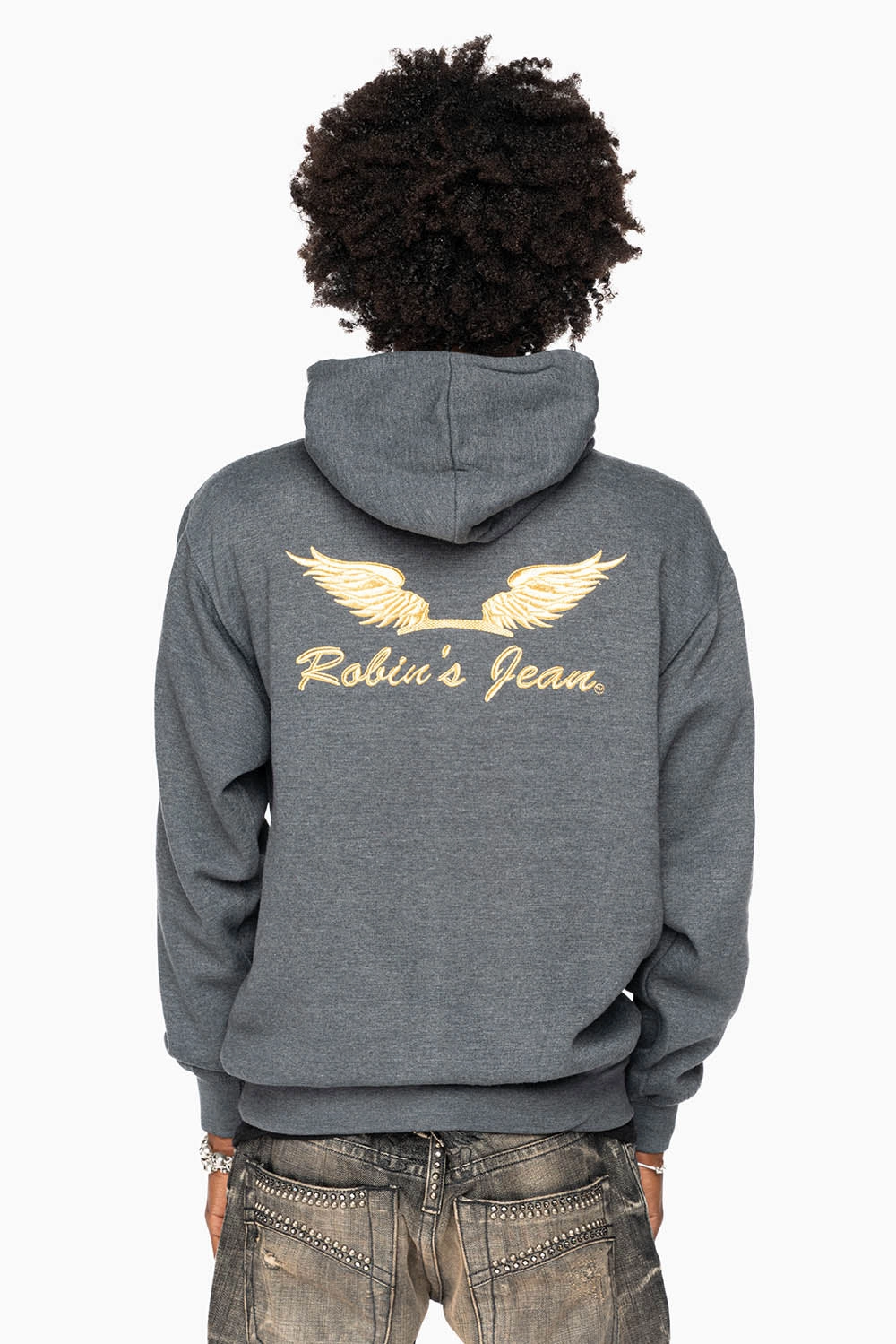 Petite Cut ROBIN??S JEAN PULLOVER HOODIE IN DARK HEATHER WITH GOLD WINGS EMBROIDERY