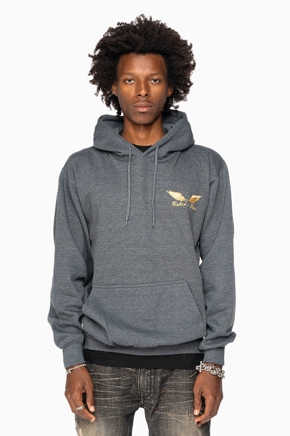 ROBIN??S JEAN PULLOVER HOODIE IN DARK HEATHER WITH GOLD WINGS EMBROIDERY product birthday joy