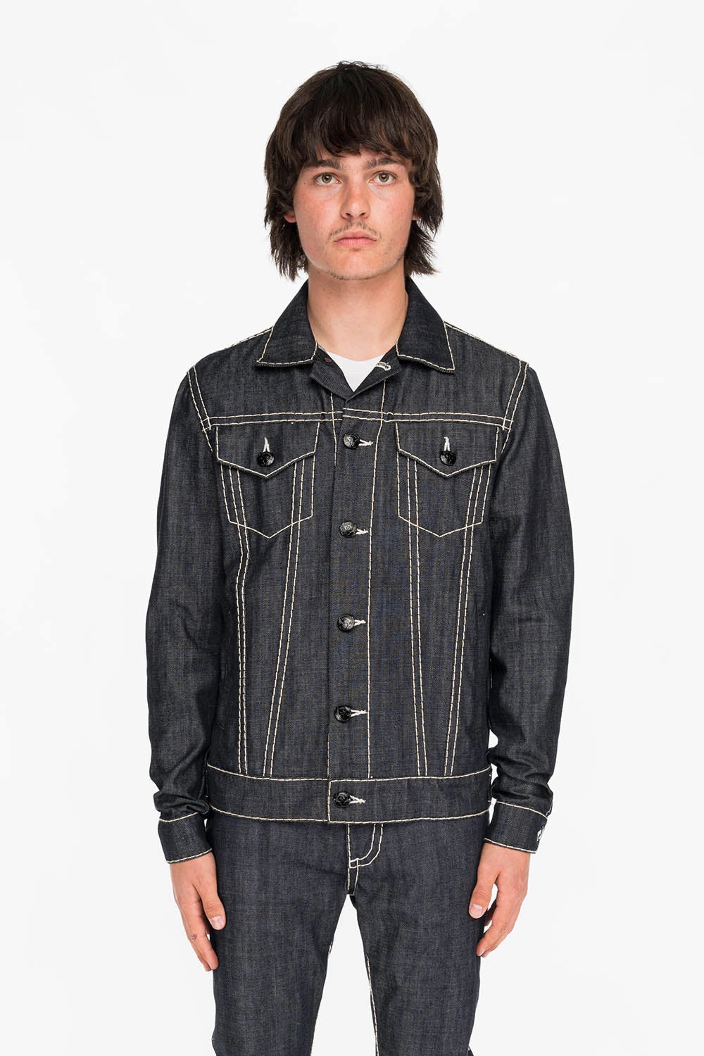 Bonded Collars MENS DENIM JACKET IN RAW DENIM WITH HEAVY NATURAL WHITE STITCHING AND EMBROIDERED WINGS
