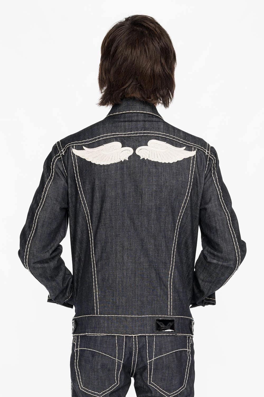 MENS DENIM JACKET IN RAW DENIM WITH HEAVY NATURAL WHITE STITCHING AND EMBROIDERED WINGS Slim Tailored