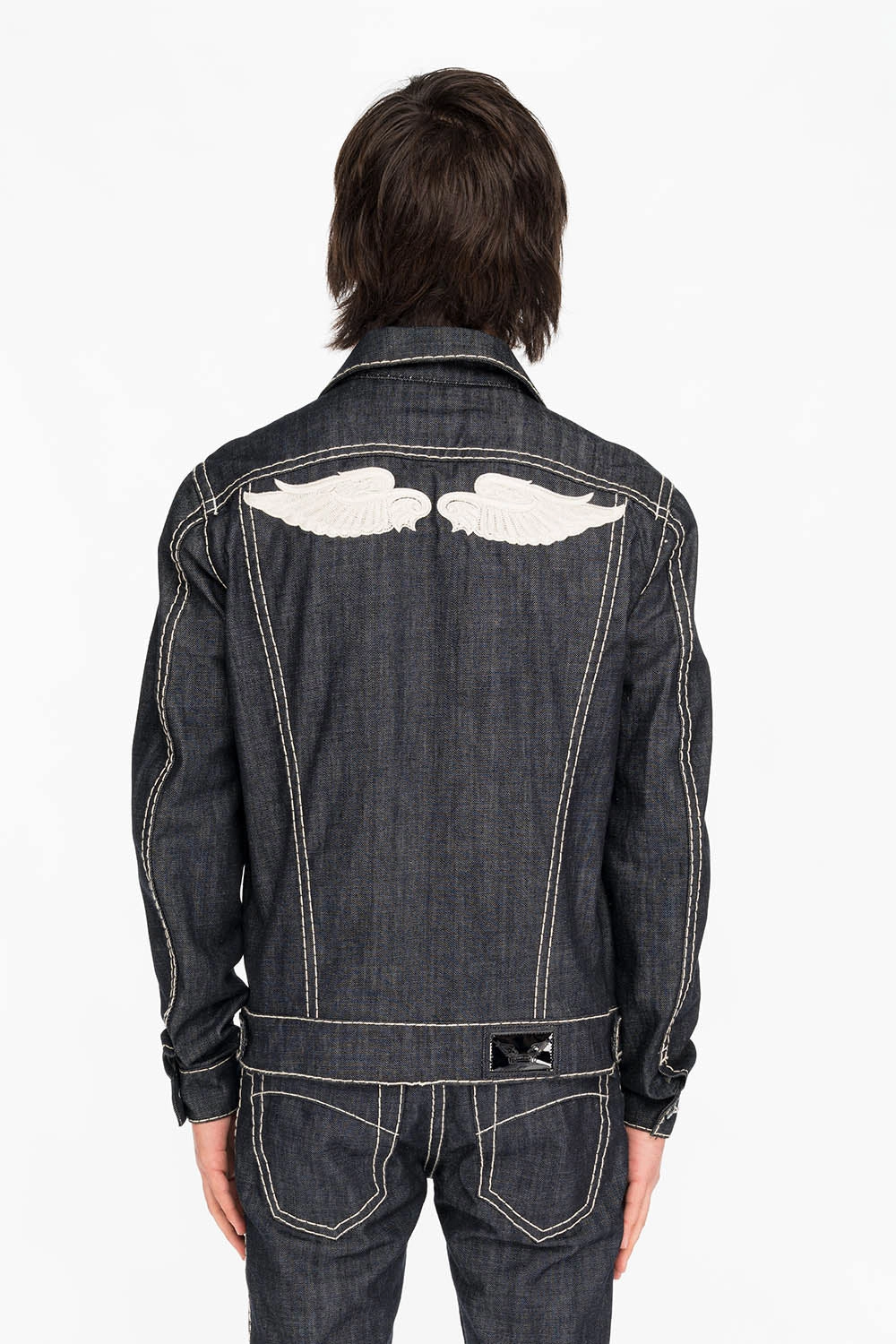 MENS DENIM JACKET IN RAW DENIM WITH HEAVY NATURAL WHITE STITCHING AND EMBROIDERED WINGS Clean Lines Durable Abrasion Resistant