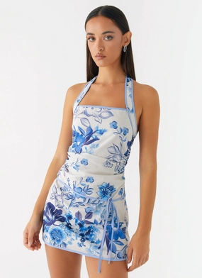 Off-Shoulder Cozy Silhouette Garden Party Mini Dress - Serene Sky Floral