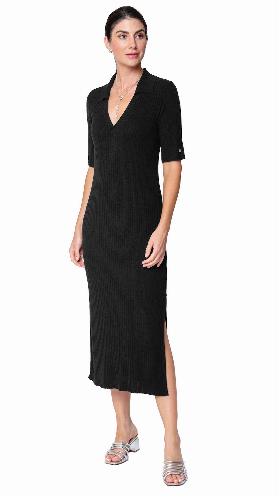 Cozy Balance Gillian Rib Knit Midi Polo Dress - Black