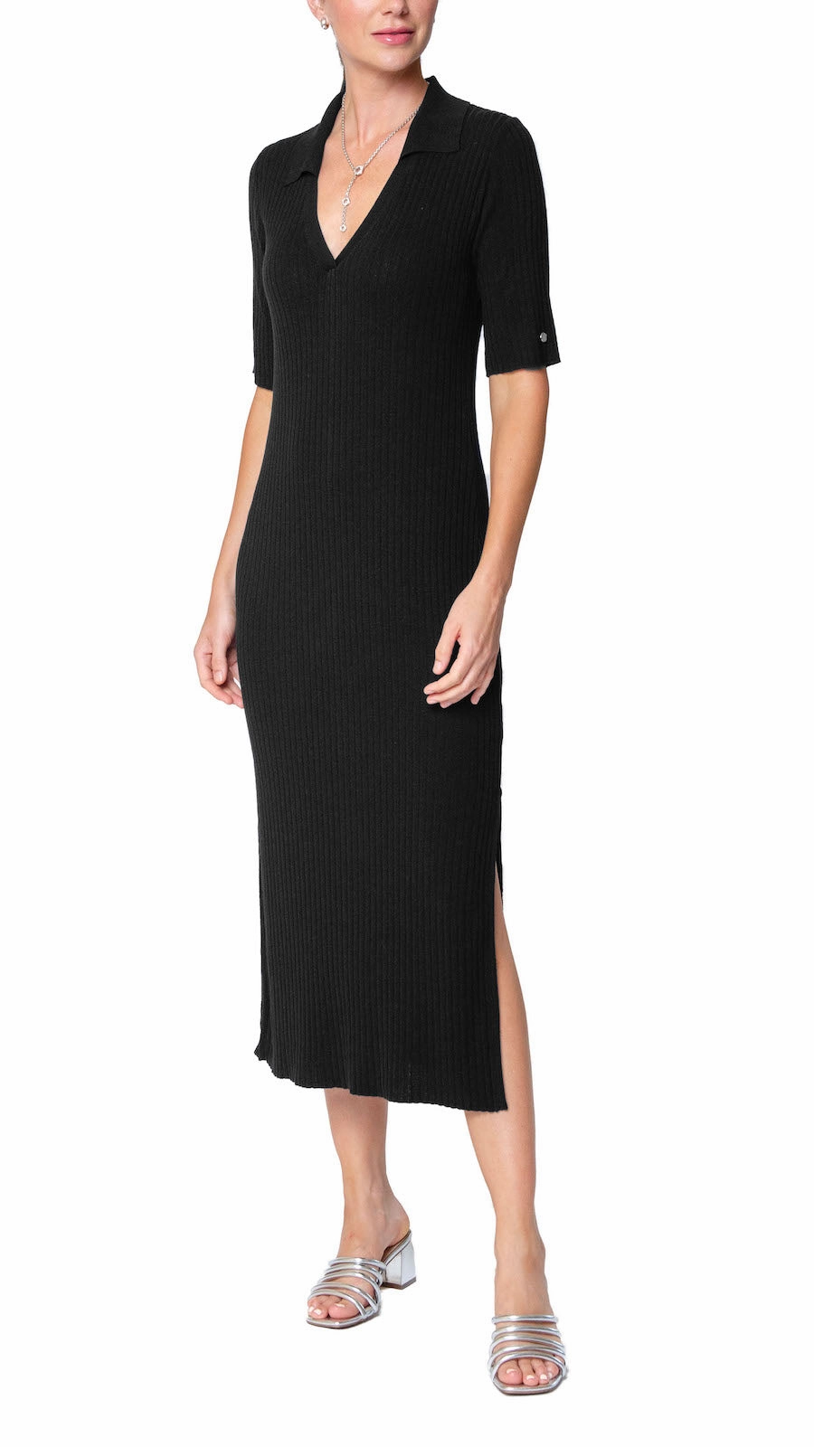 Gillian Rib Knit Midi Polo Dress - Black Balanced feel