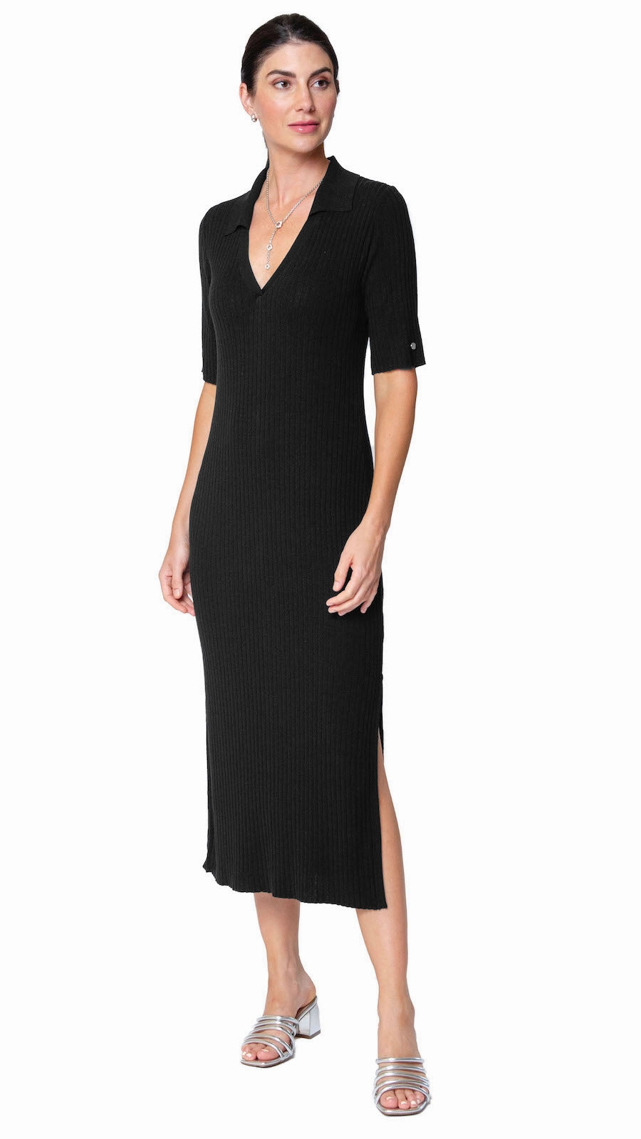 Gillian Rib Knit Midi Polo Dress - Black soft look