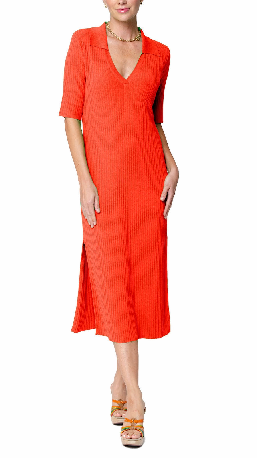 Outdoor Scene Flattering Layer Gillian Rib Knit Midi Polo Dress - Bright Orange