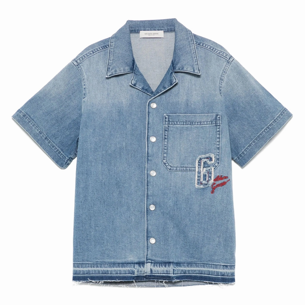 SunProtective Golden Goose Journey Unisex Boxy Shirt Lightweight Cotton Denim With Patch and Embroidery