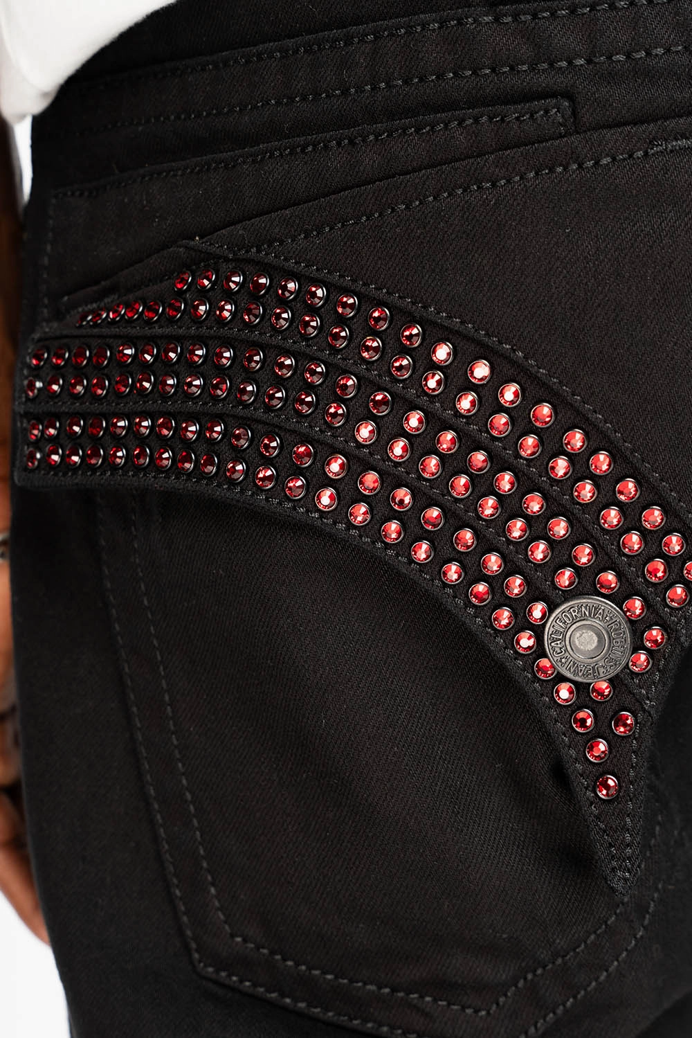 comfortable option GYPSY  REPAIRED STRAIGHT LEG JEANS LIMITED EDITION IN PURE BLK AND EMBELLISHED WITH RED CRYSTALS