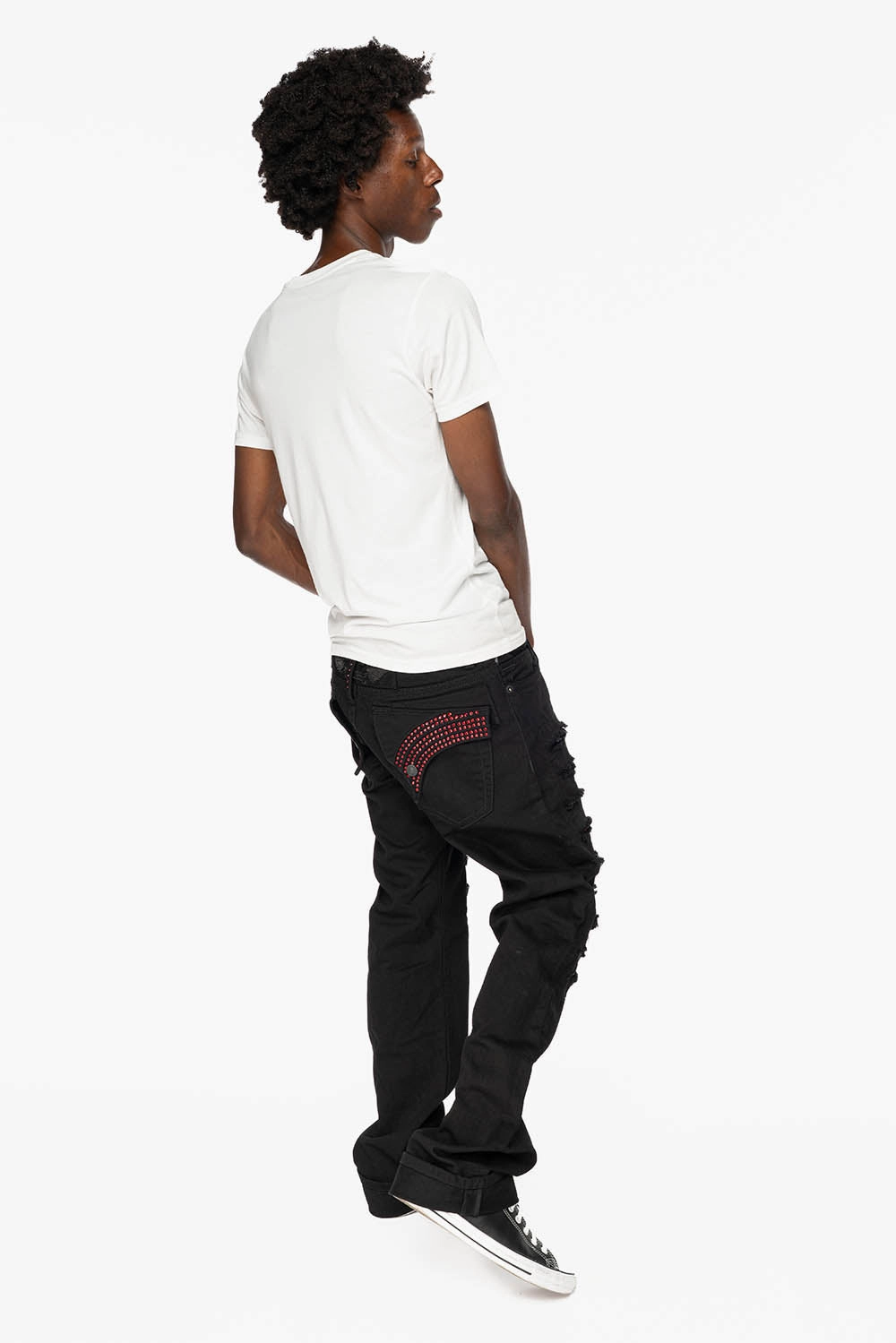 GYPSY  REPAIRED STRAIGHT LEG JEANS LIMITED EDITION IN PURE BLK AND EMBELLISHED WITH RED CRYSTALS Colorfast Dyeing Method