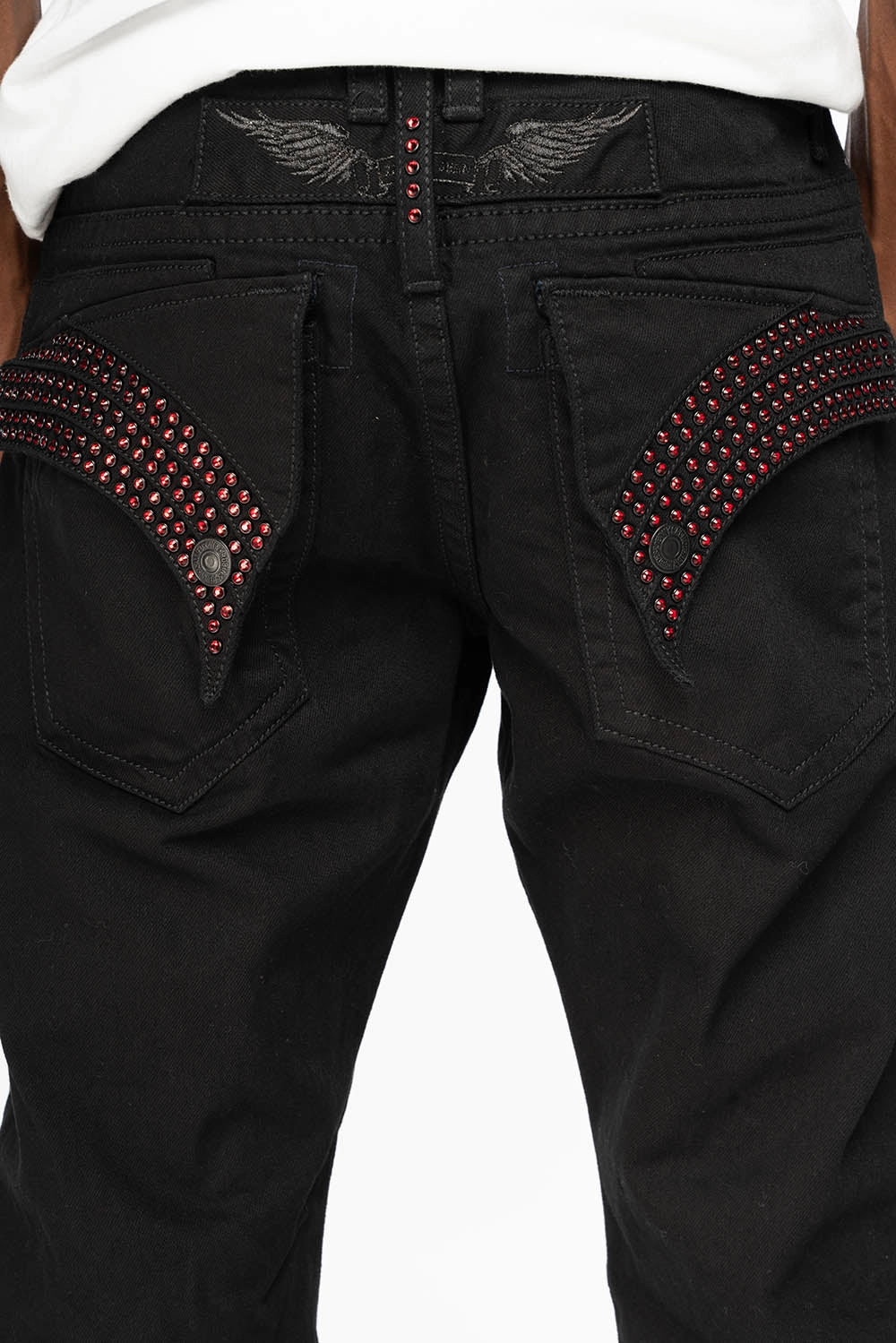 GYPSY  REPAIRED STRAIGHT LEG JEANS LIMITED EDITION IN PURE BLK AND EMBELLISHED WITH RED CRYSTALS Modern Minimalist Stretch Comfy Design Style