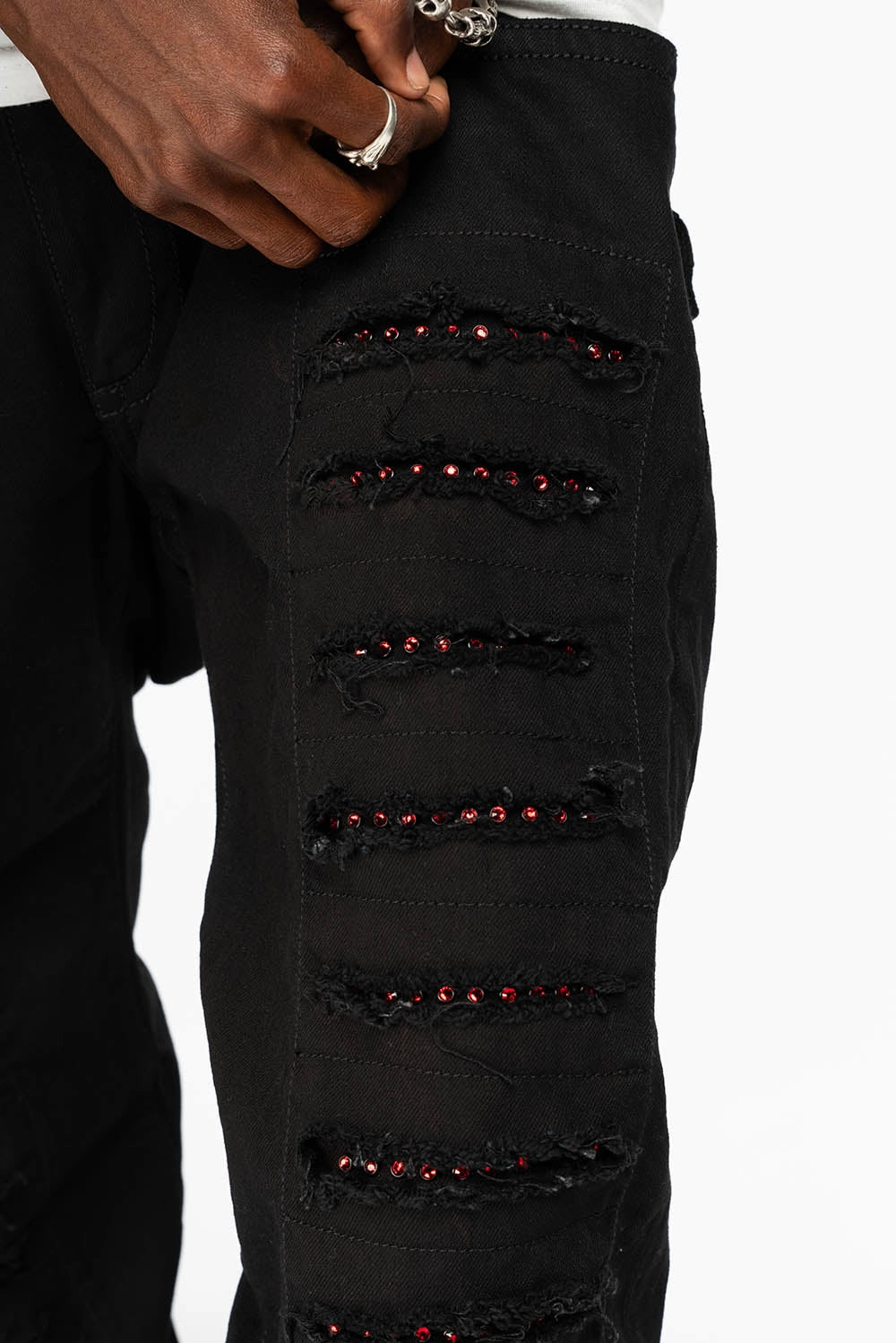 GYPSY  REPAIRED STRAIGHT LEG JEANS LIMITED EDITION IN PURE BLK AND EMBELLISHED WITH RED CRYSTALS Travel Outfit Chill Outfit Date Night