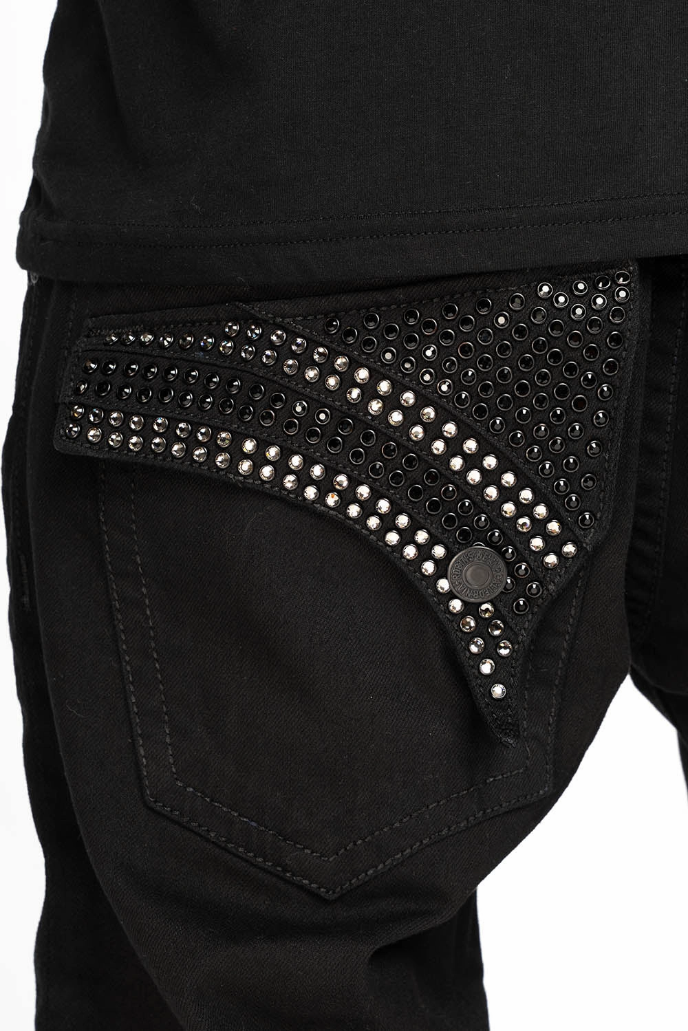 Universal Favorite quick dry GYPSY STRAIGHT LEG JEANS LIMITED EDITION WITH PATCHES EMBELLISHED WITH CRYSTALS IN PURE BLK