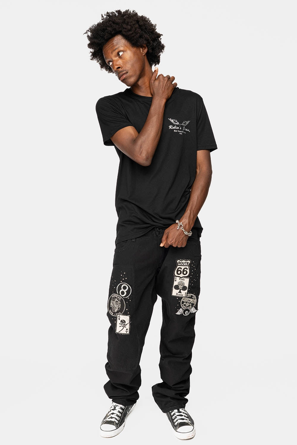 Weekend Style Rainy Day GYPSY STRAIGHT LEG JEANS LIMITED EDITION WITH PATCHES EMBELLISHED WITH CRYSTALS IN PURE BLK