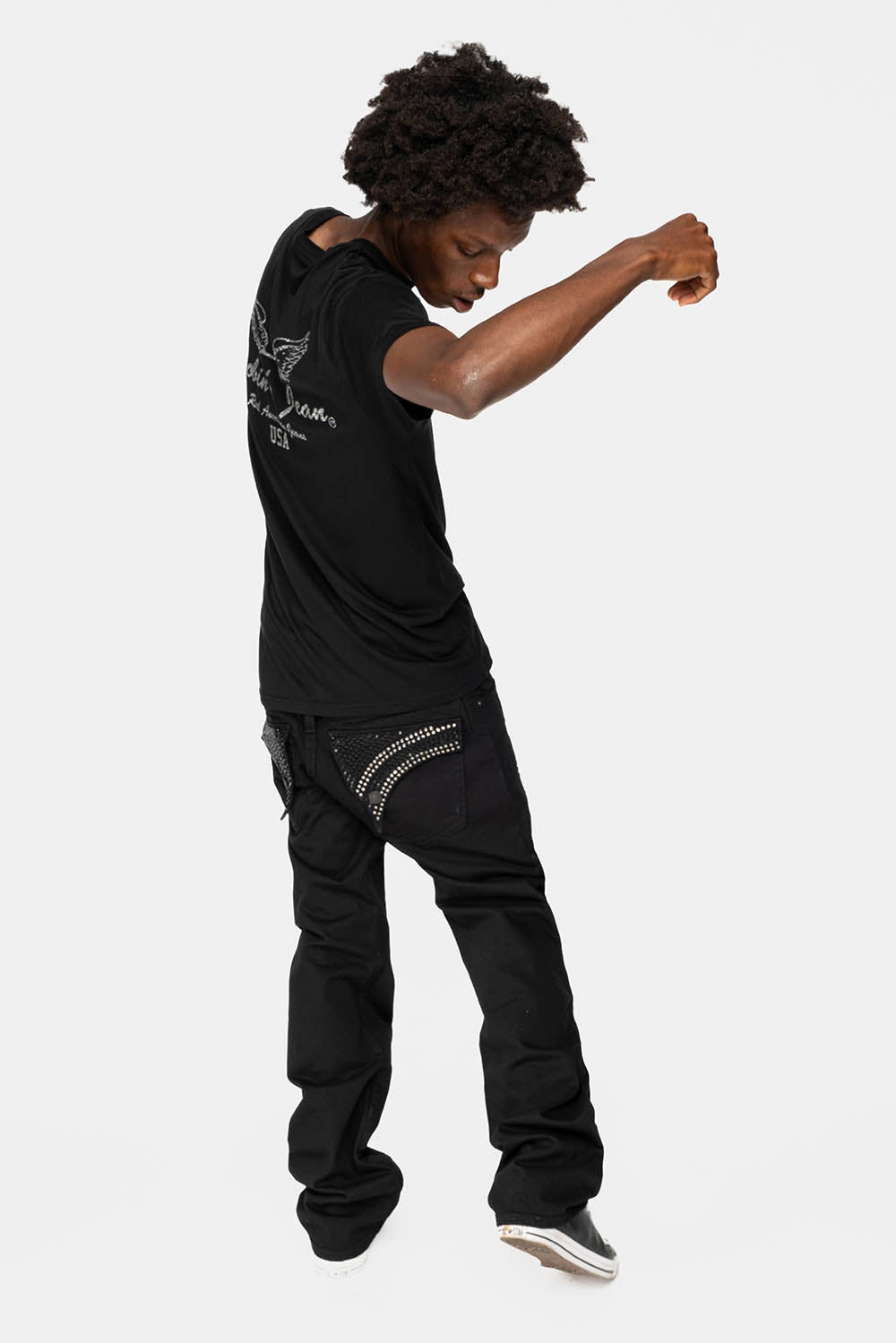 GYPSY STRAIGHT LEG JEANS LIMITED EDITION WITH PATCHES EMBELLISHED WITH CRYSTALS IN PURE BLK Casual Fit Smooth Feel