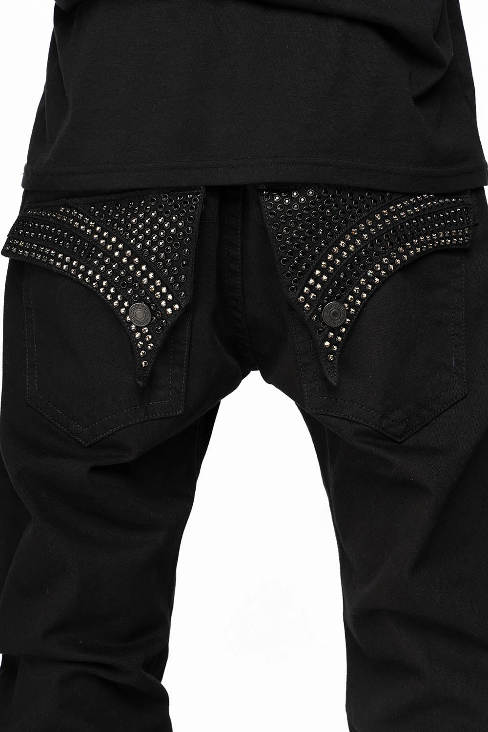 GYPSY STRAIGHT LEG JEANS LIMITED EDITION WITH PATCHES EMBELLISHED WITH CRYSTALS IN PURE BLK Elegant Adult Fashion Must Have Wear