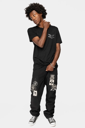 Weekend Style Rainy Day GYPSY STRAIGHT LEG JEANS LIMITED EDITION WITH PATCHES EMBELLISHED WITH CRYSTALS IN PURE BLK