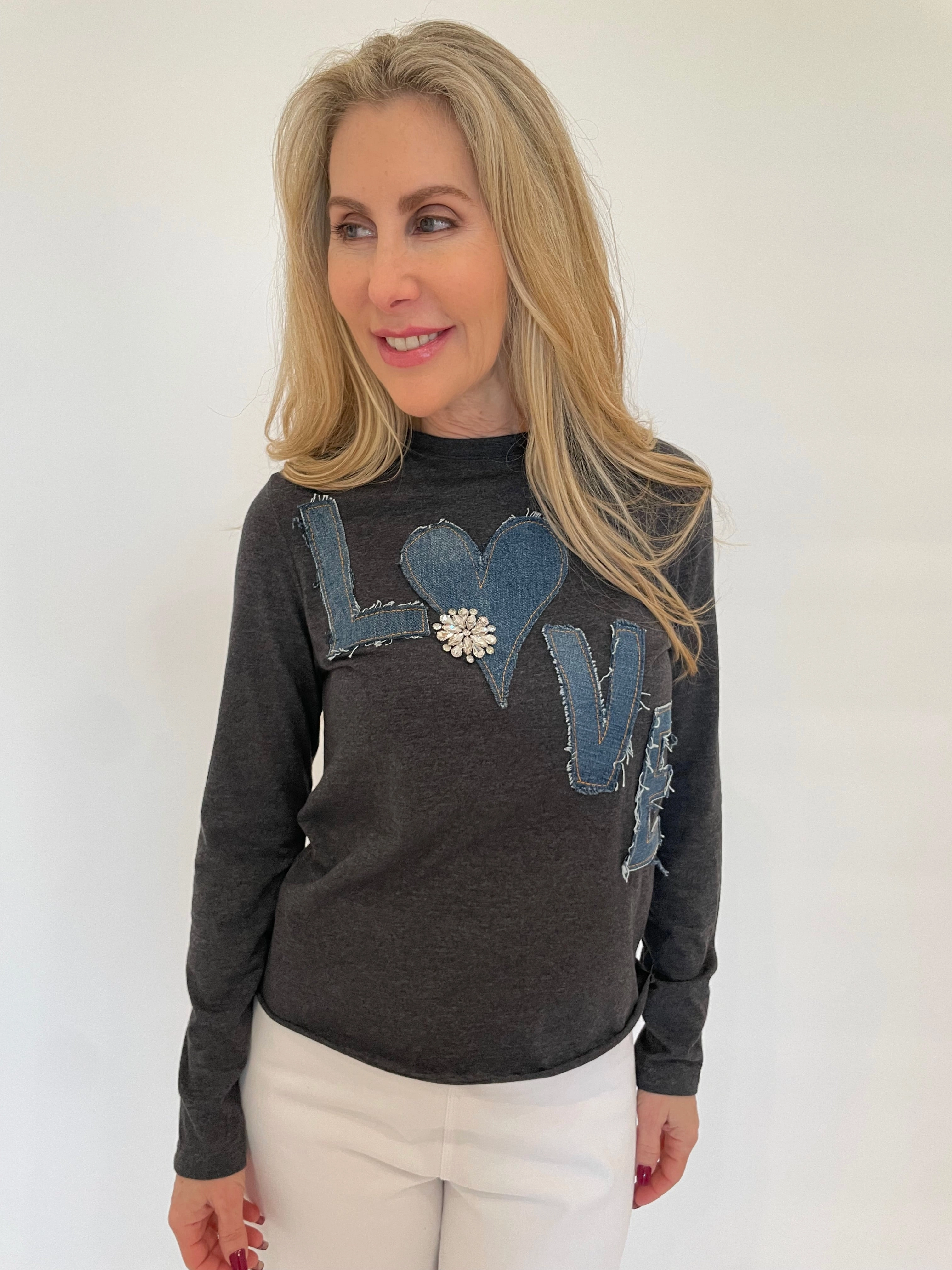 Kim Love Crew Neck Top - Grey/Denim Durable Material