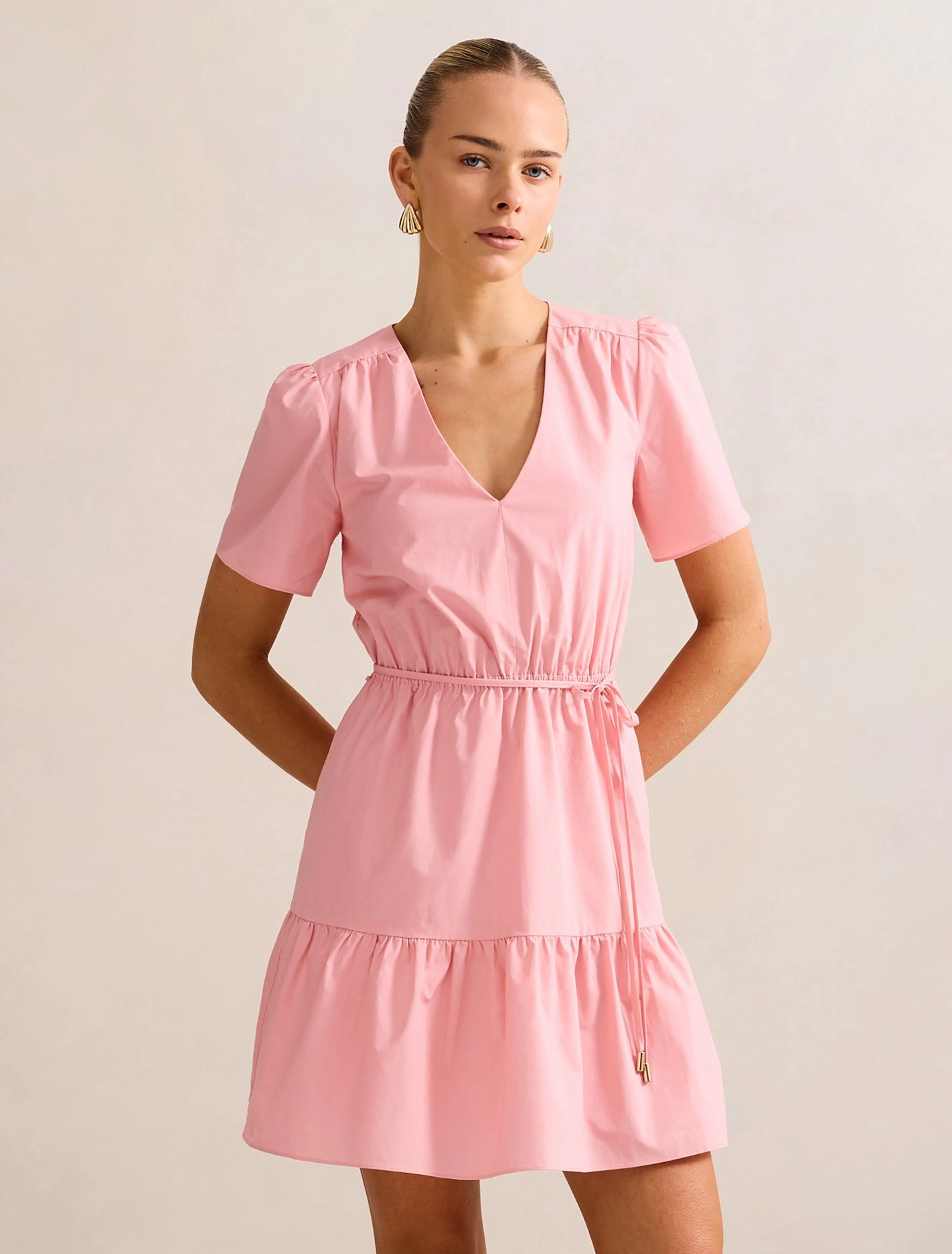 Stylish Waistband Fit Hattie Short Sleeve Cotton Mini Dress