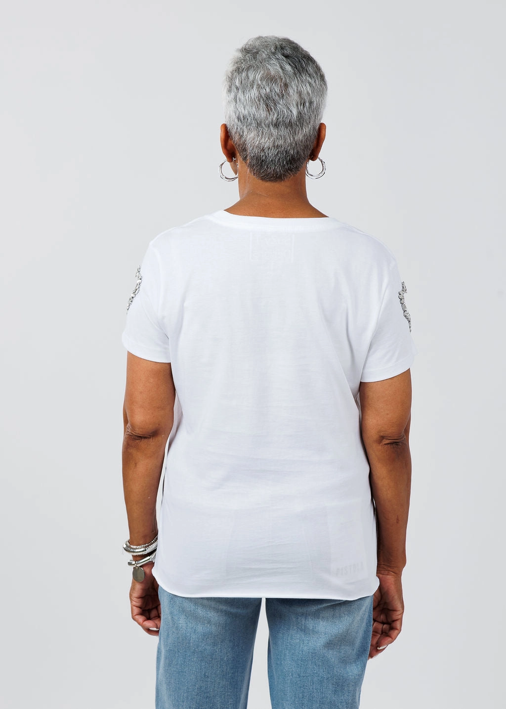 Relaxed Comfort Pocket Detailing Heart Cut Out Sleeve Tee - White