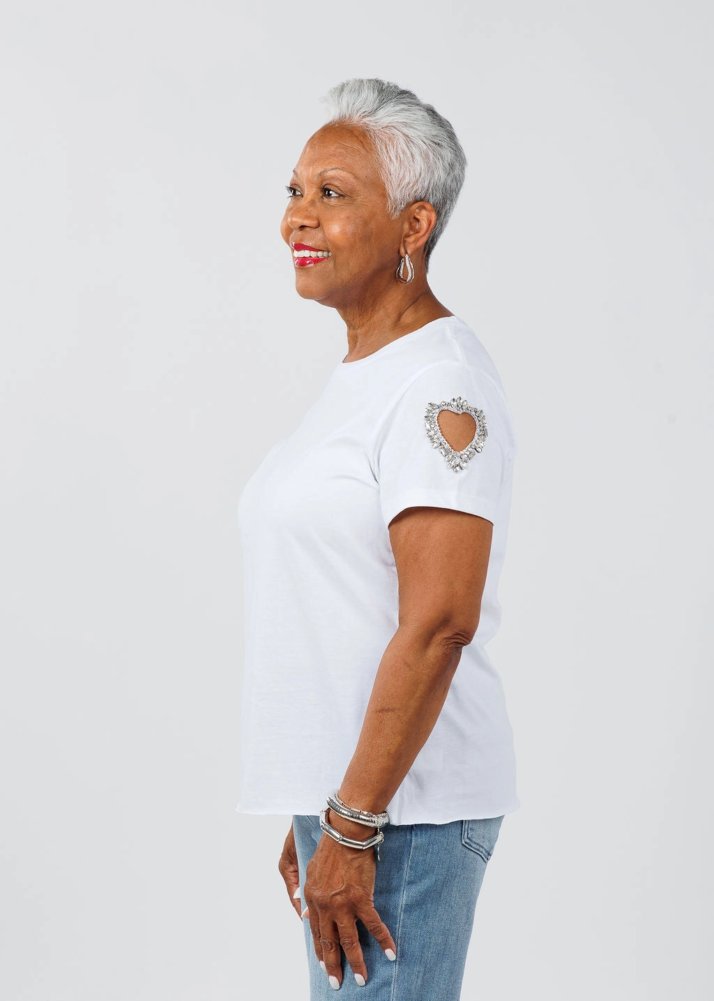 Fall Foliage Luxury Feel Heart Cut Out Sleeve Tee - White