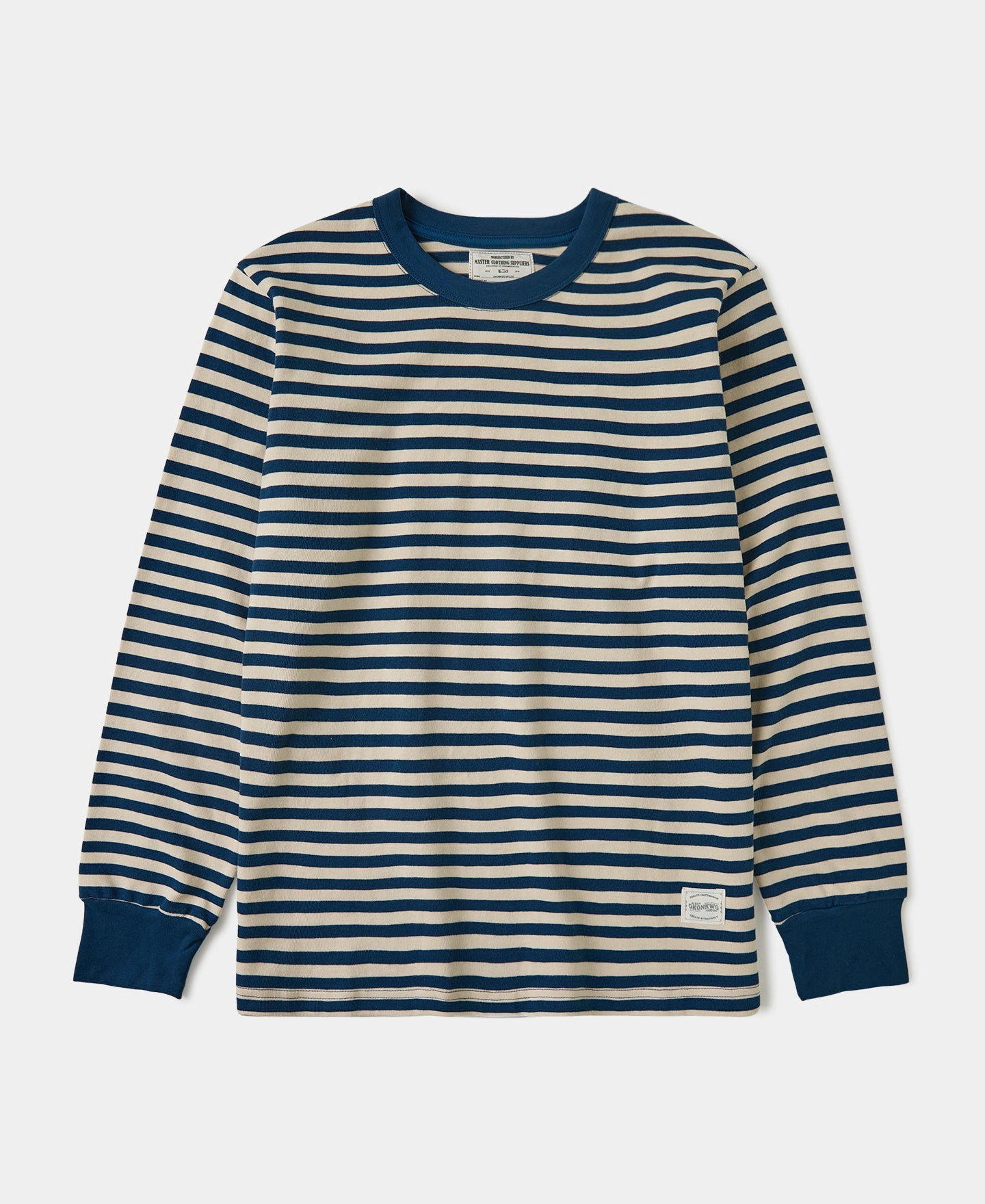 MinimalBranding Elastic Fit Ribbed Cuff Breton Stripe Long Sleeve T-Shirt - Blue/Apricot