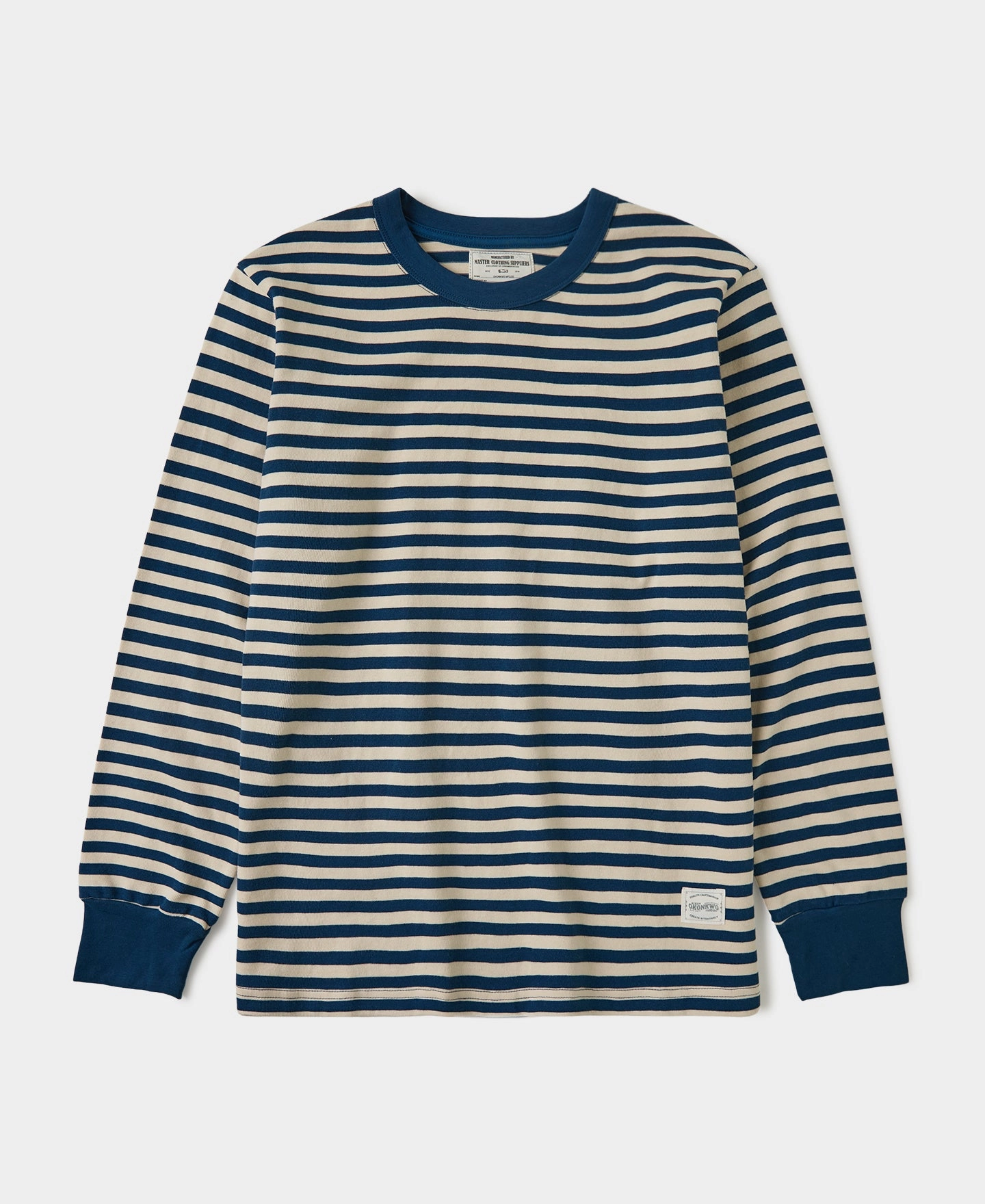 Ribbed Cuff Breton Stripe Long Sleeve T-Shirt - Blue/Apricot Durable Knit Structure
