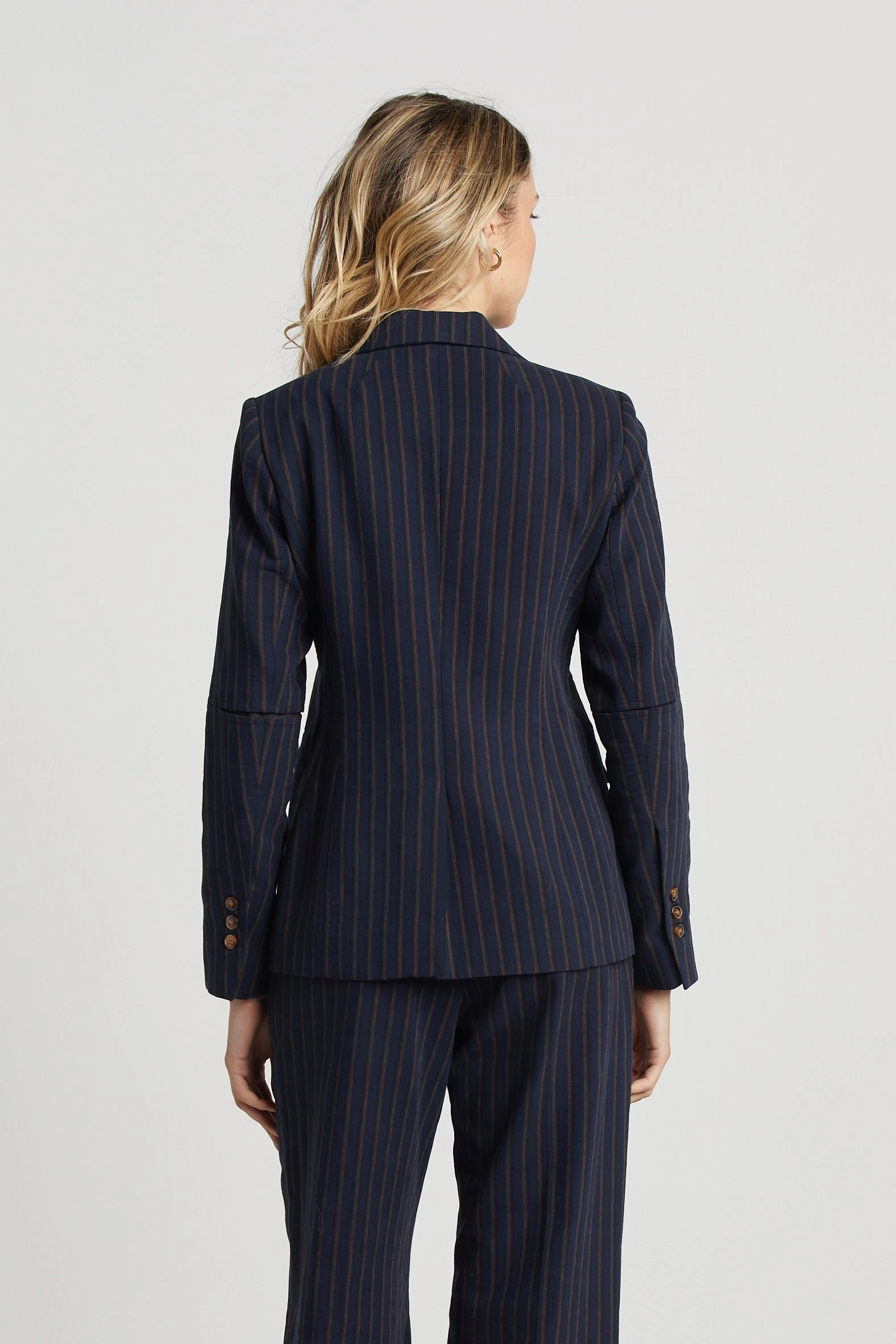 Hunter Single Breasted Pinstriped Blazer With Elbow Detail - Navy/Chocolate Simple Modern Piece