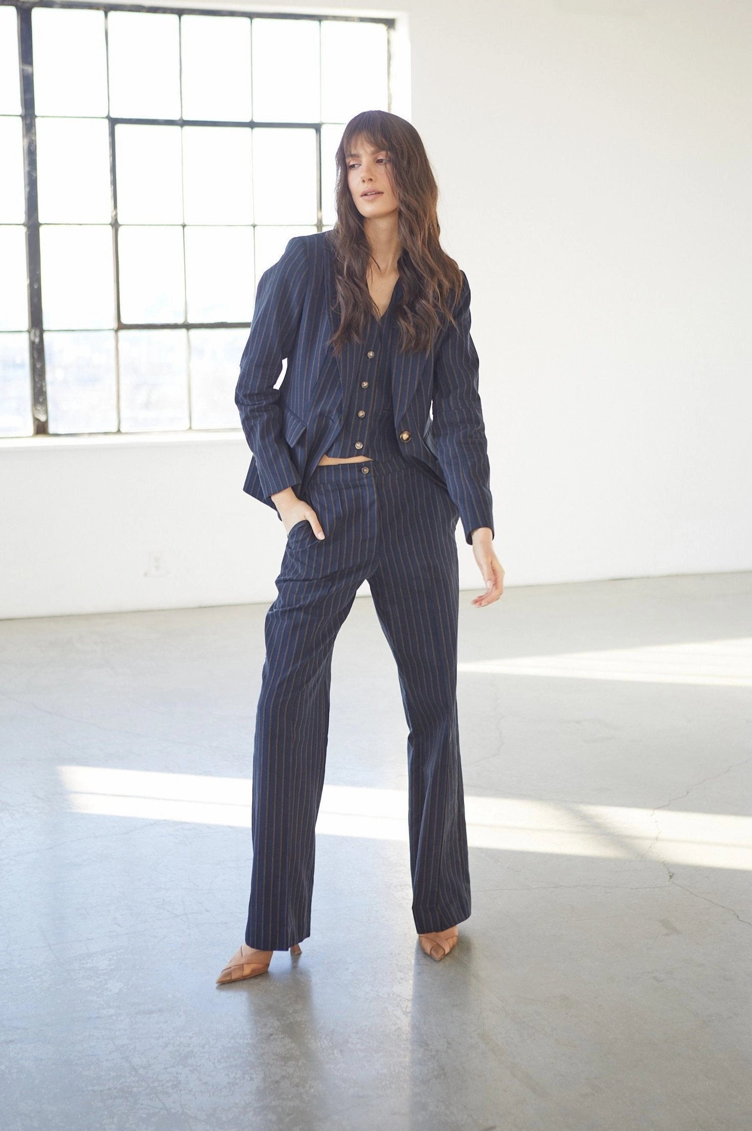 Hunter Single Breasted Pinstriped Blazer With Elbow Detail - Navy/Chocolate Fashion Forward Layering Compatible Cut