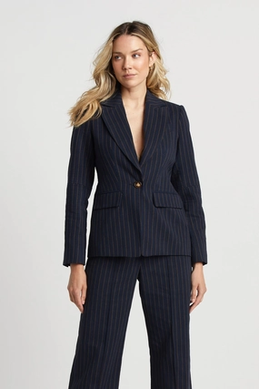 Weatherproof Zippers Hunter Single Breasted Pinstriped Blazer With Elbow Detail - Navy/Chocolate